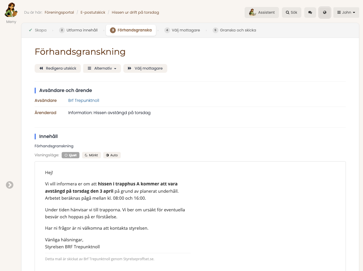 Skärmbild på det färdiga e-postutskicket