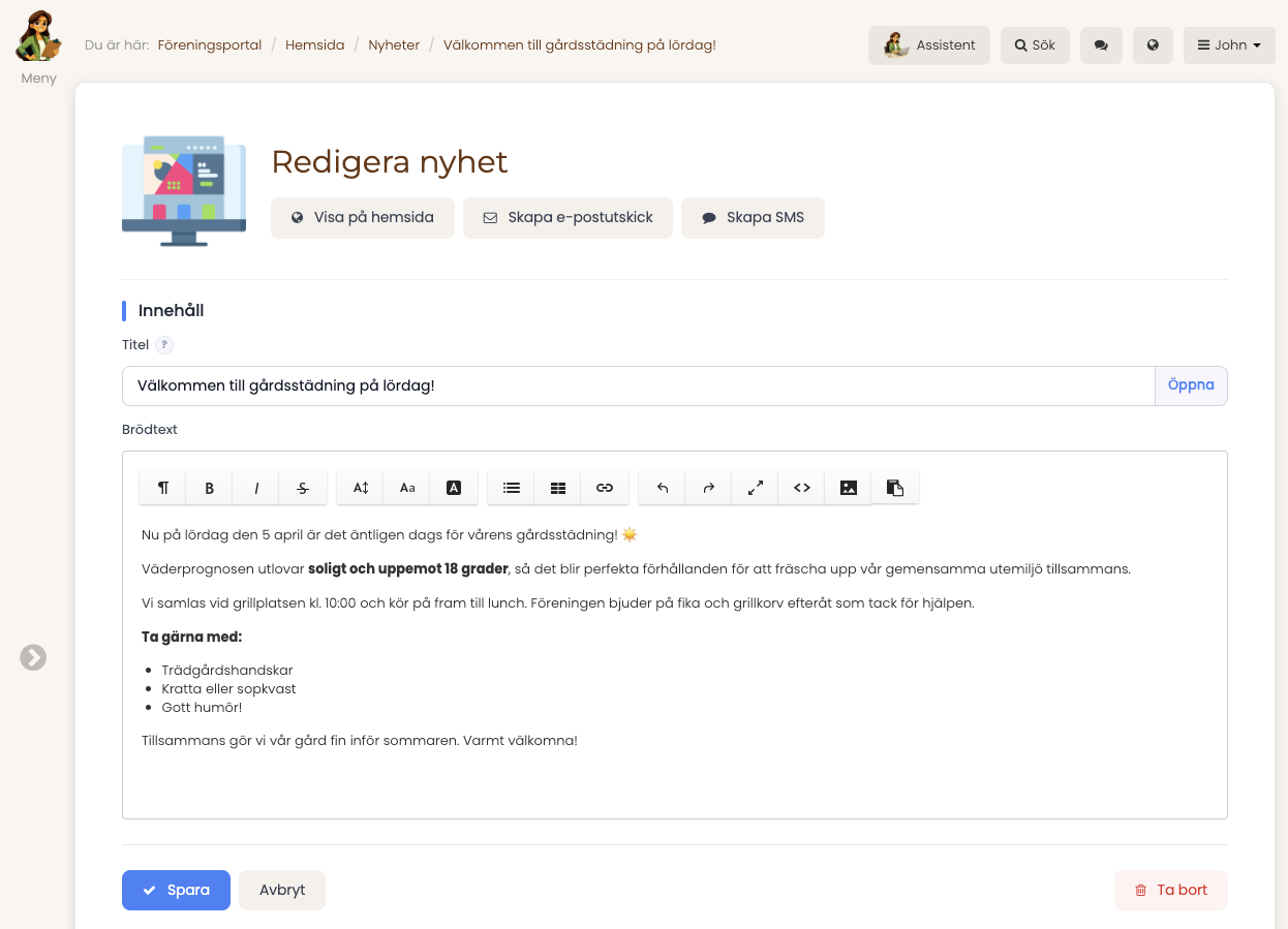 Skärmbild på den publicerade nyheten